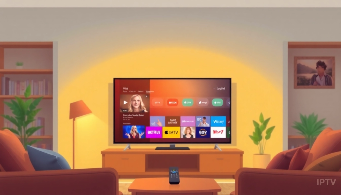 Engaging IPTV Suisse setup with a vibrant streaming interface and cozy living room backdrop.