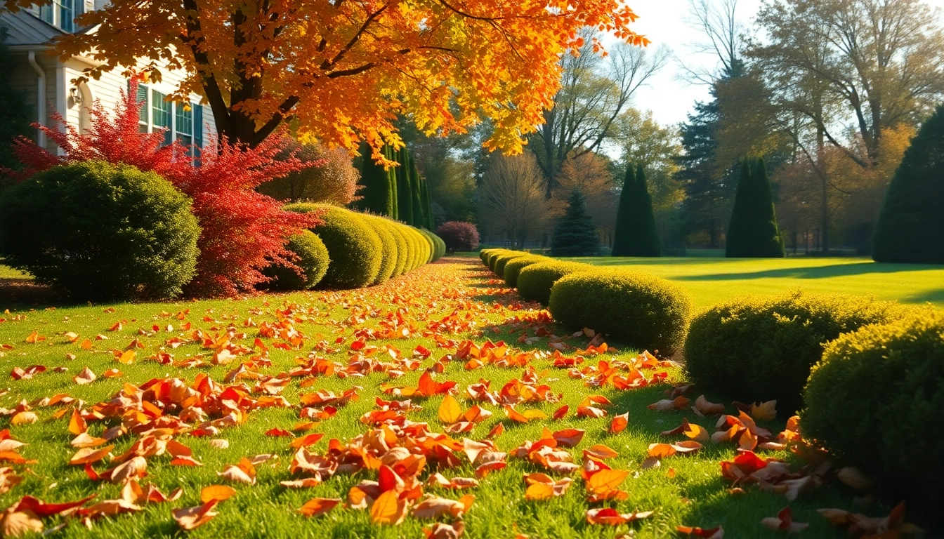 Fall clean up showing a beautifully raked lawn with colorful autumn leaves and tidy garden beds.