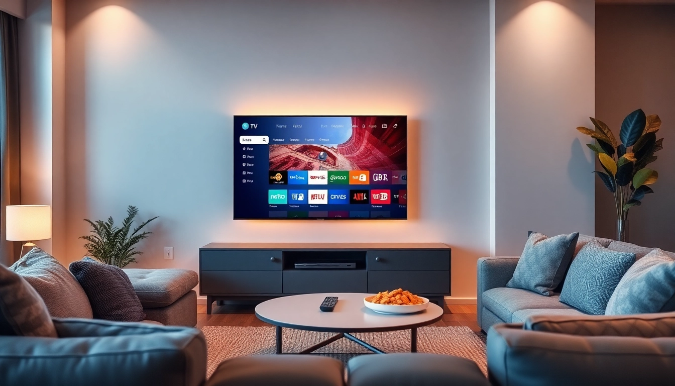 Watch diverse TV channels through abonnement iptv on a modern smart TV in a cozy living room.