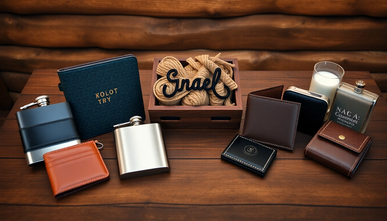 Showcasing cheap groomsmen gifts including personalized wallets and flasks on a rustic table.