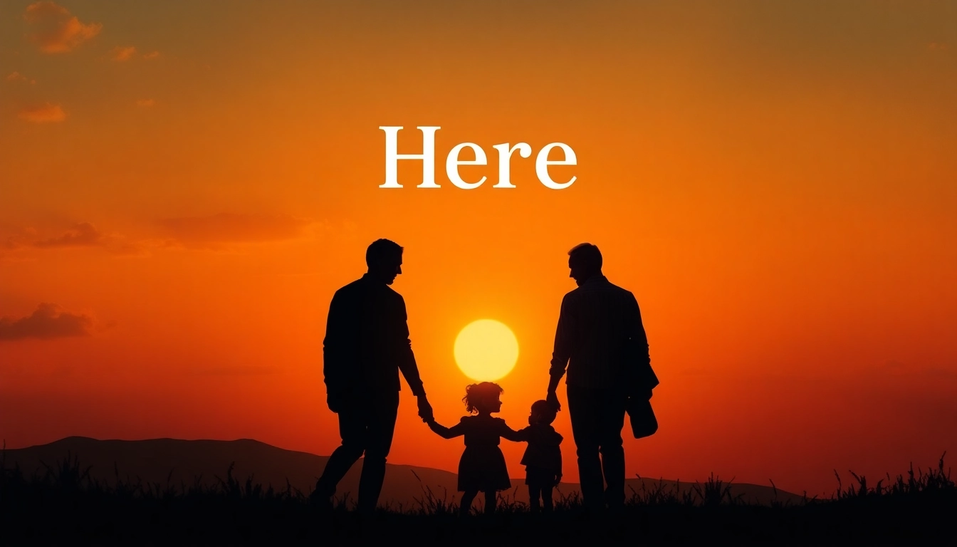 Discover the cinematic essence of Here with a dramatic sunset and family silhouette, reflecting deep emotional connections.