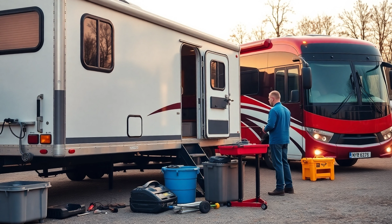 Mobile mechanic for trailers and buses performing on-site diagnostics with tools visible.