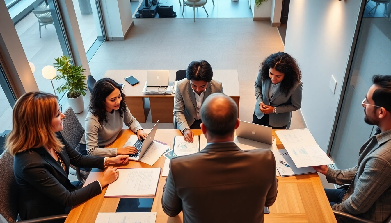 Outsourcing collaboration in a modern office, showcasing diverse professionals engaged in strategy discussions.