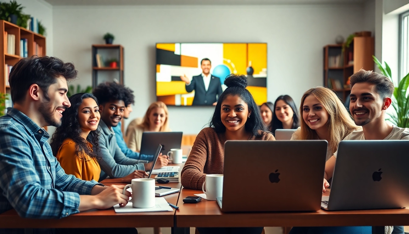 Students studying online university degrees from UK in a vibrant virtual classroom.