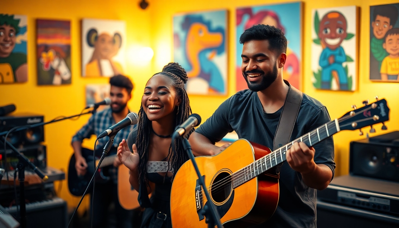 Showcasing relatable themes, a diverse group of musicians creates together in a vibrant studio setting.