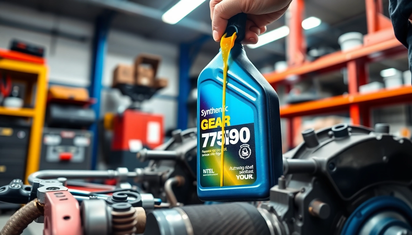 Mechanic pouring synthetic gear oil 75w90 into a differential in a professional automotive workshop.
