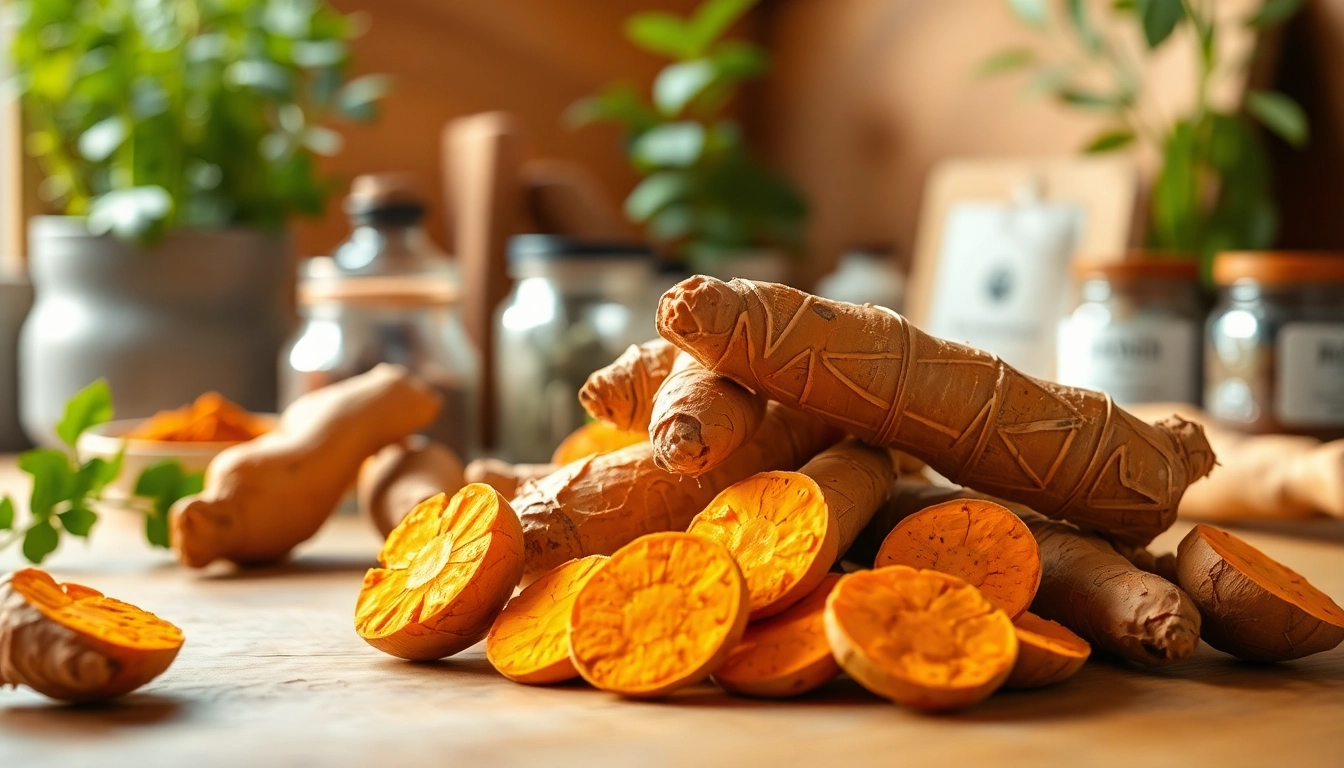 Highlighting the health benefits of turmeric root in a vibrant kitchen setting.