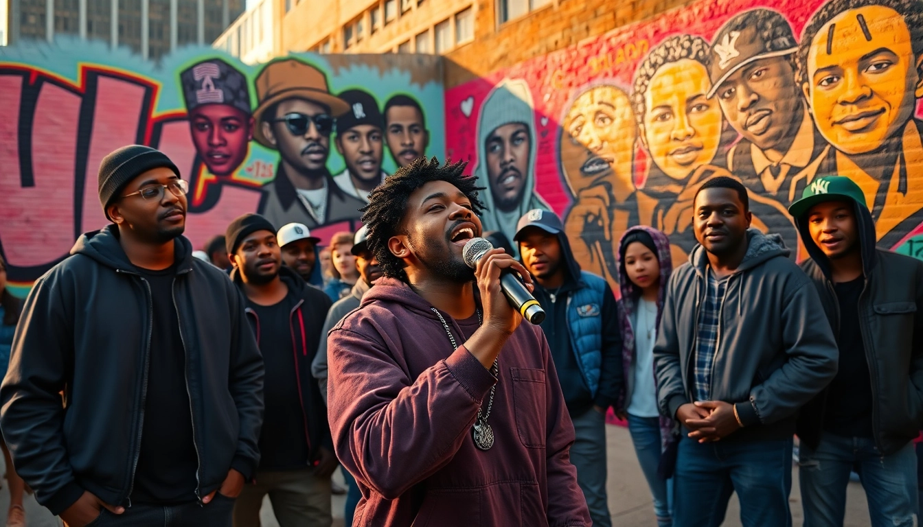 Young artists performing Chicago rap lyrics against a vibrant urban backdrop.