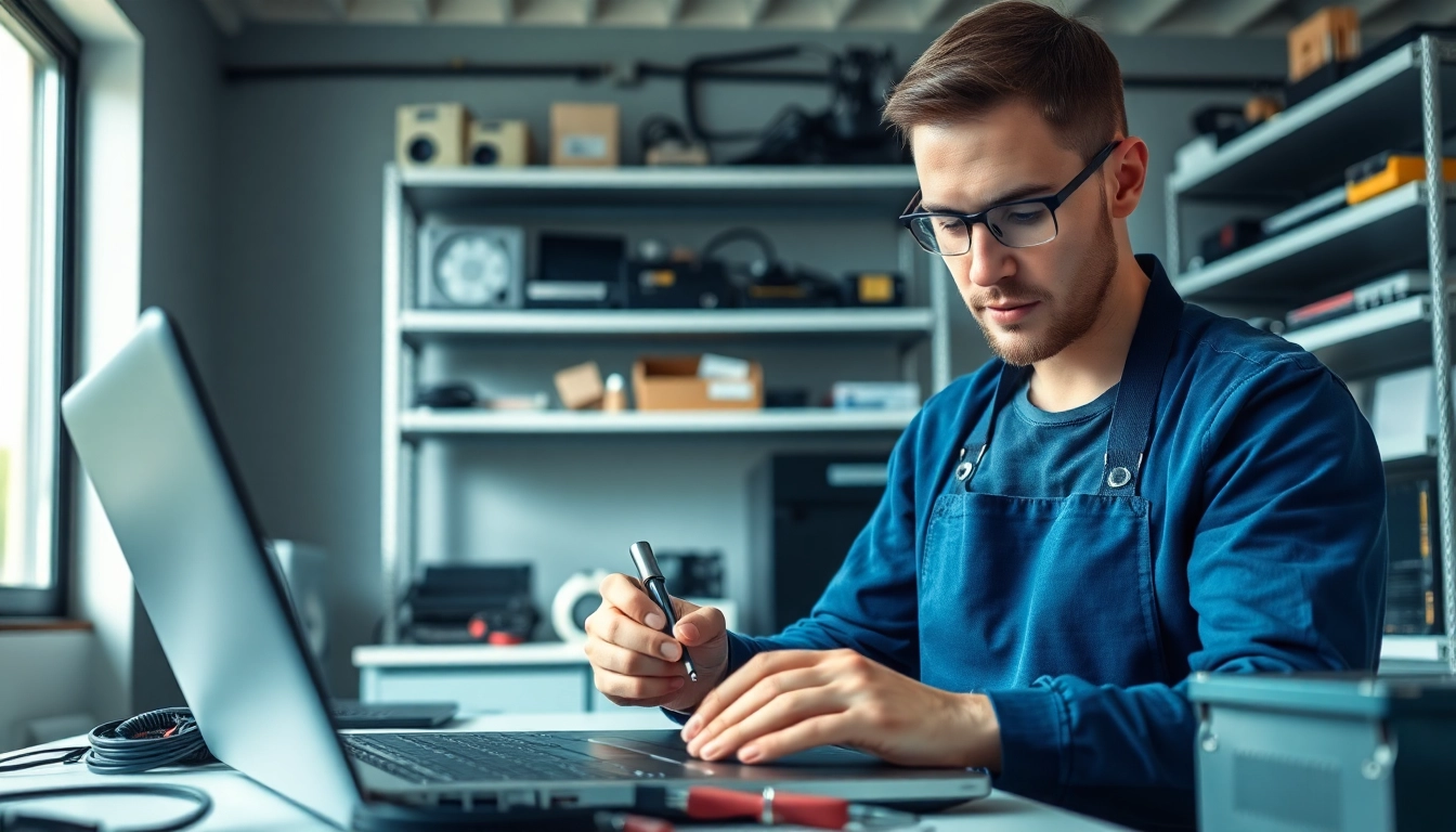 Riparazione computer Torino da un tecnico specializzato su un laptop in un laboratorio moderno.