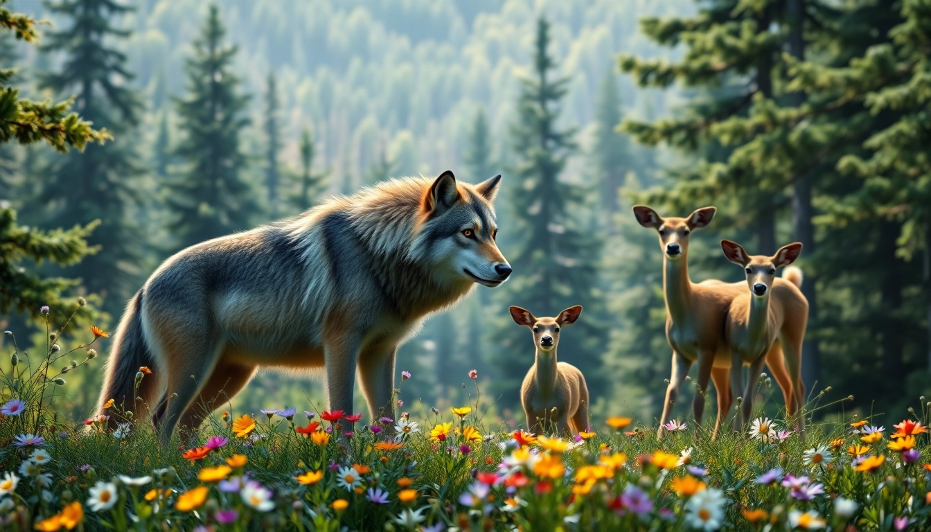 Witness wildlife interactions at www.sudswild.com featuring charming deer and a wolf in a tranquil forest.