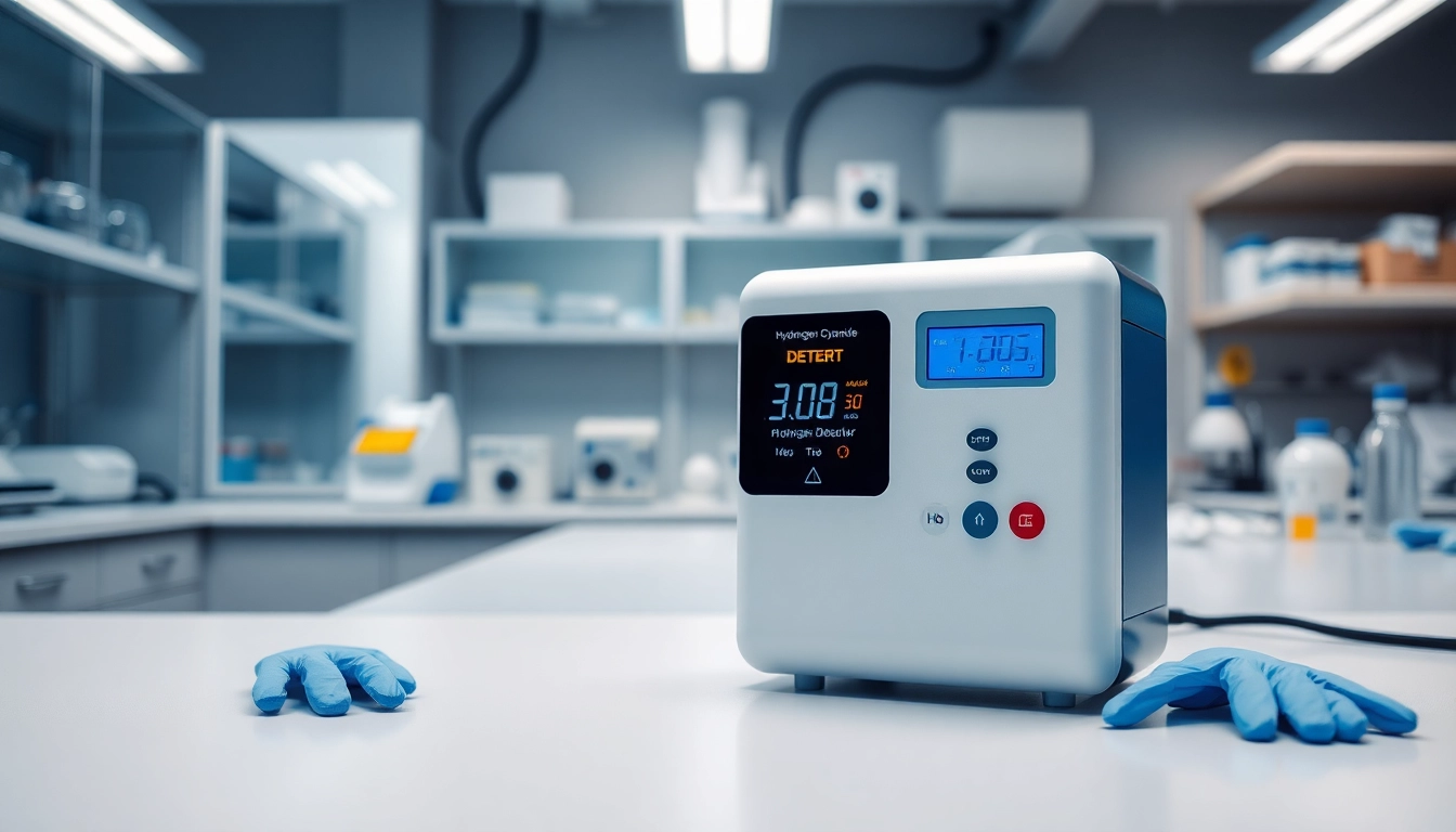 Monitor the Hydrogen Cyanide detector prominently displayed in a clean laboratory.