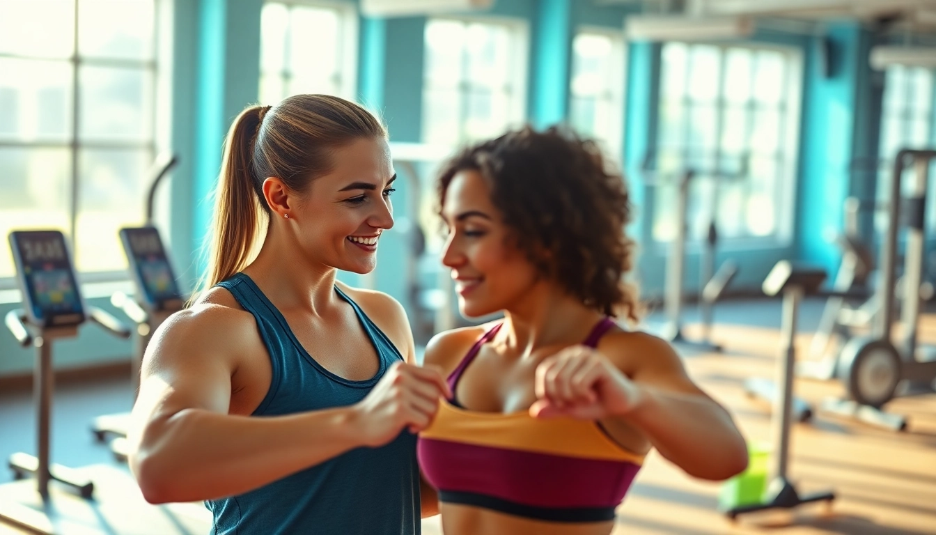 Motivational scene featuring a Weight Loss Personal Trainer Jersey City assisting a client in a gym.