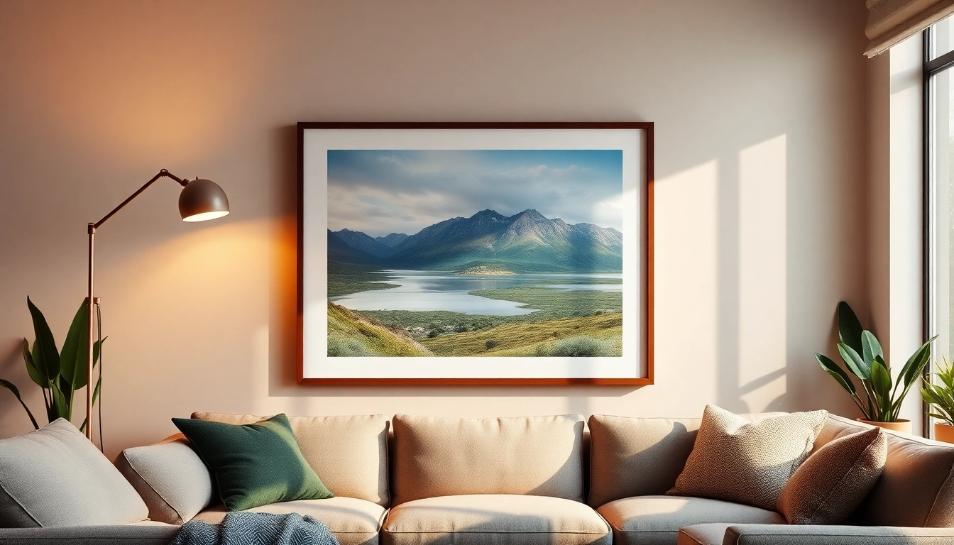 A stylish 36x48 frame showcasing a vibrant artwork in a modern living room setting.