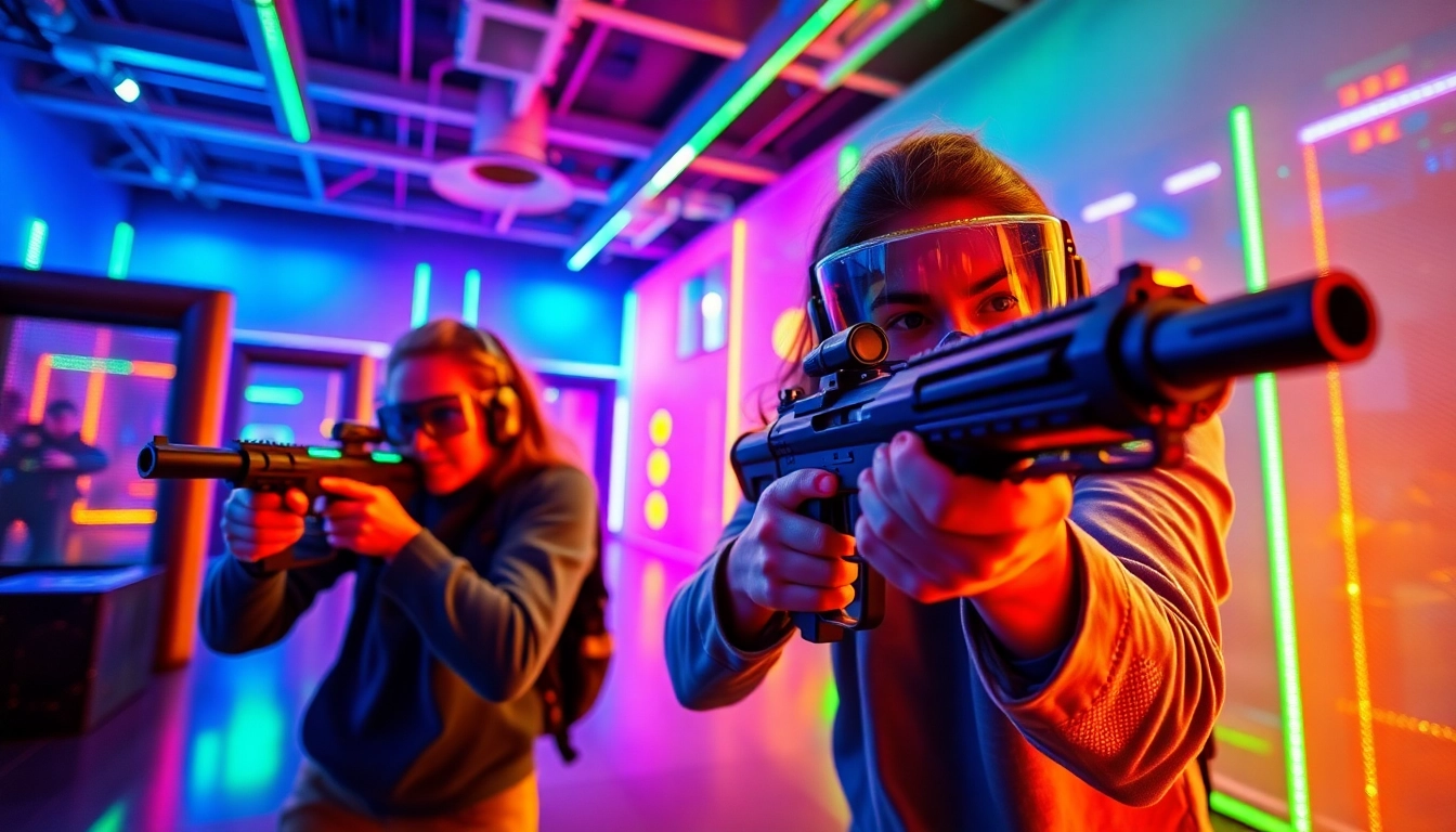 Laser tag arena featuring players in action with high-tech gear and vibrant neon lights.