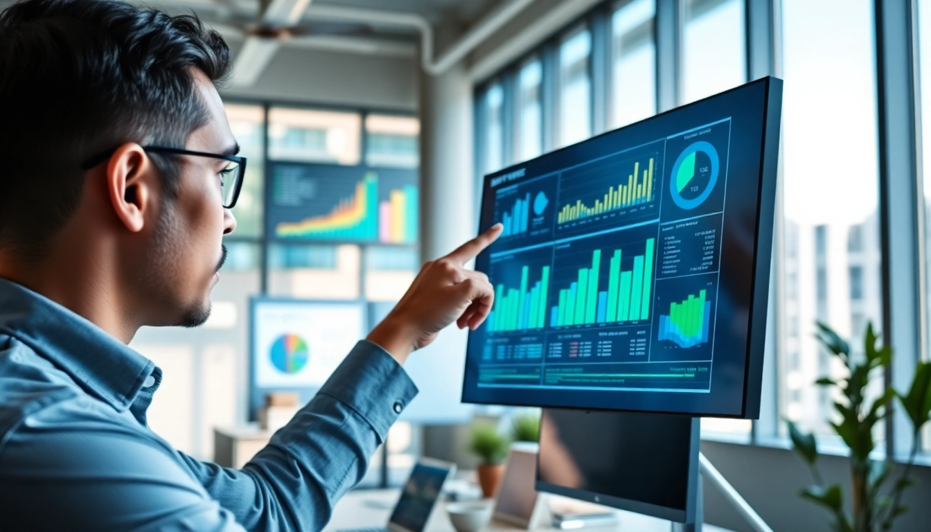 Engaged professional analyzing trade marketing strategies on a digital screen.