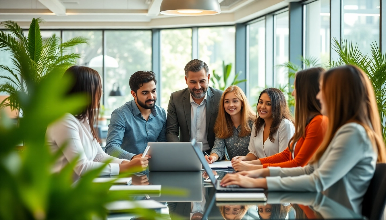 Collaborating professionals find competitor customers in a bright office setting.