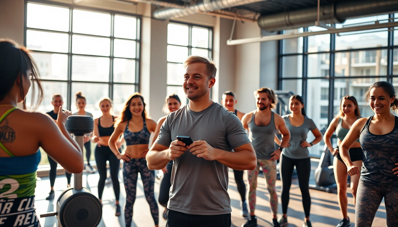Group training session at the best gym near me, showcasing enthusiastic participants and an inspiring coach.