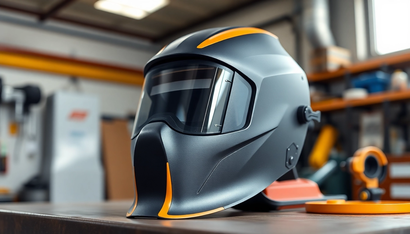 Explore the features of a high-quality welding mask on a workbench.