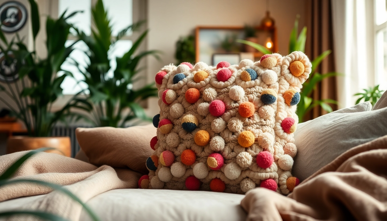 Pompom Cushion Cover enhancing the cozy ambiance of a stylish living room.