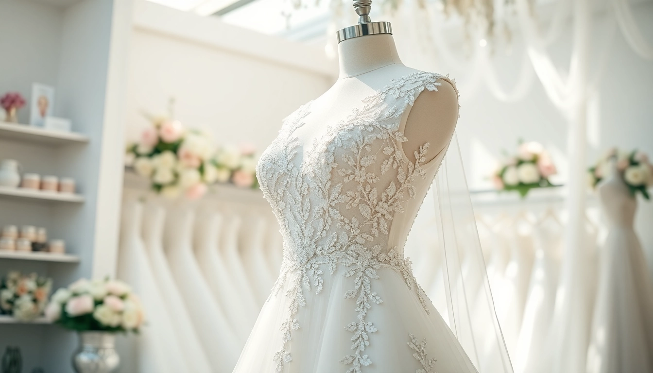 Showcasing beaded wedding dresses with intricate designs in a beautiful bridal shop setting.