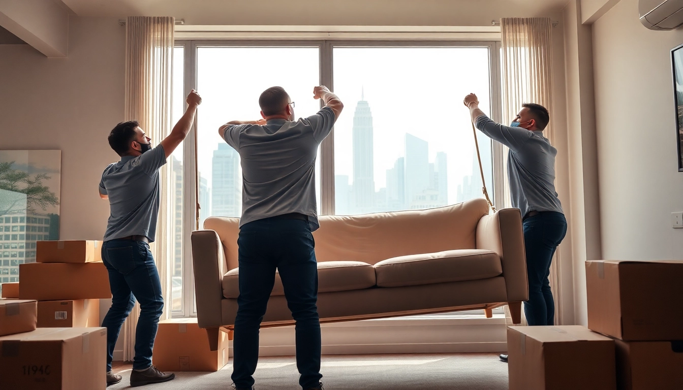 Best movers NYC transporting a heavy sofa into a bright New York apartment