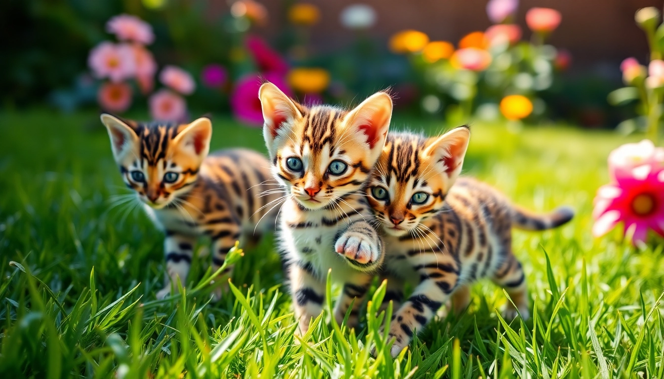 Engaging Bengal Kittens for Sale frolicking in a sunlit garden, showcasing their vibrant personalities.