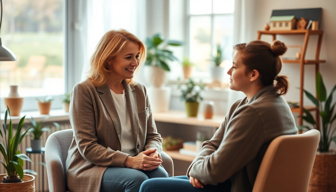 Therapist guiding a patient through treatment for PTSD in a calming office.