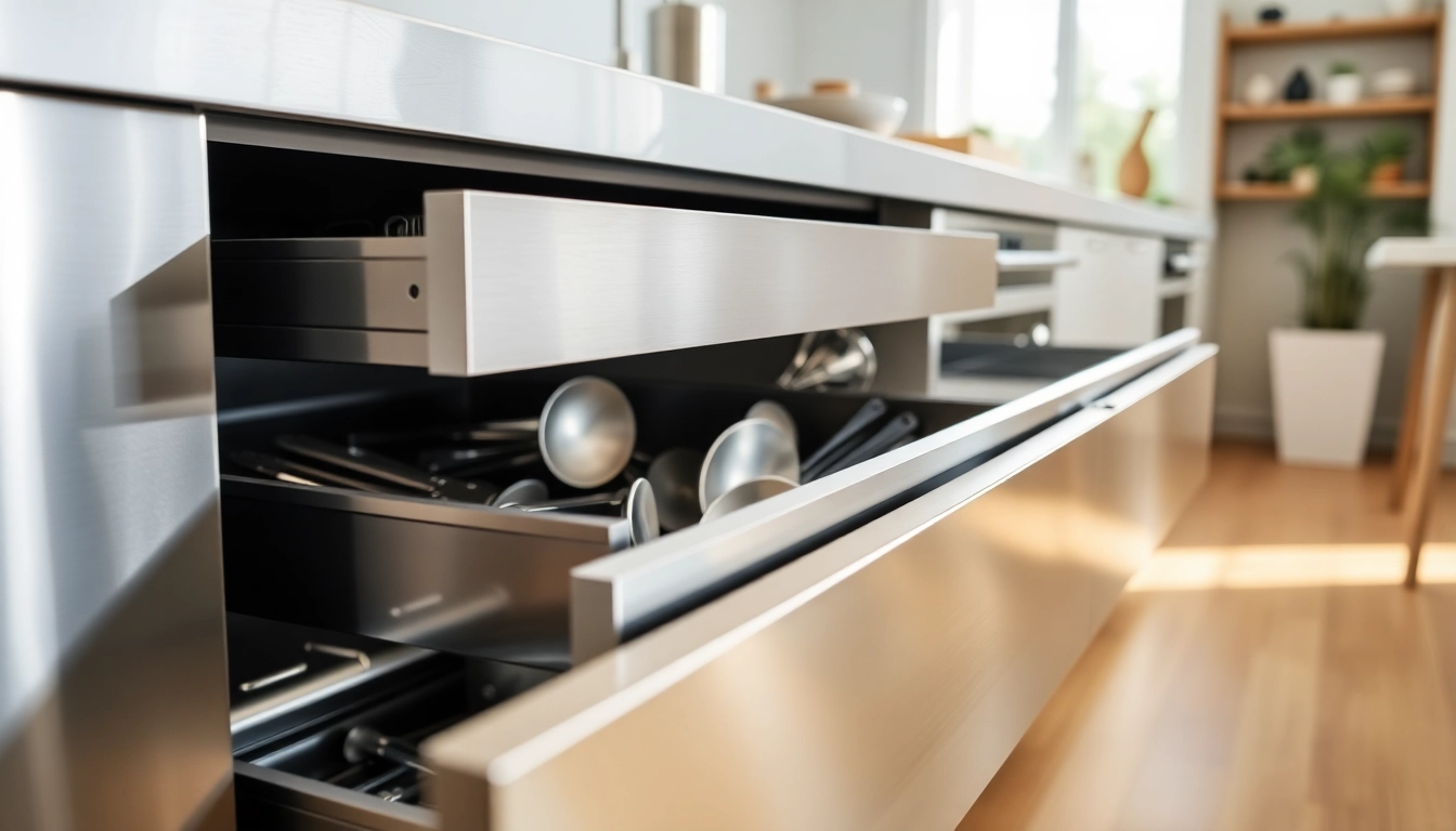 Enhance storage and organization with a sleek Metal Drawer System displayed in an elegant kitchen.