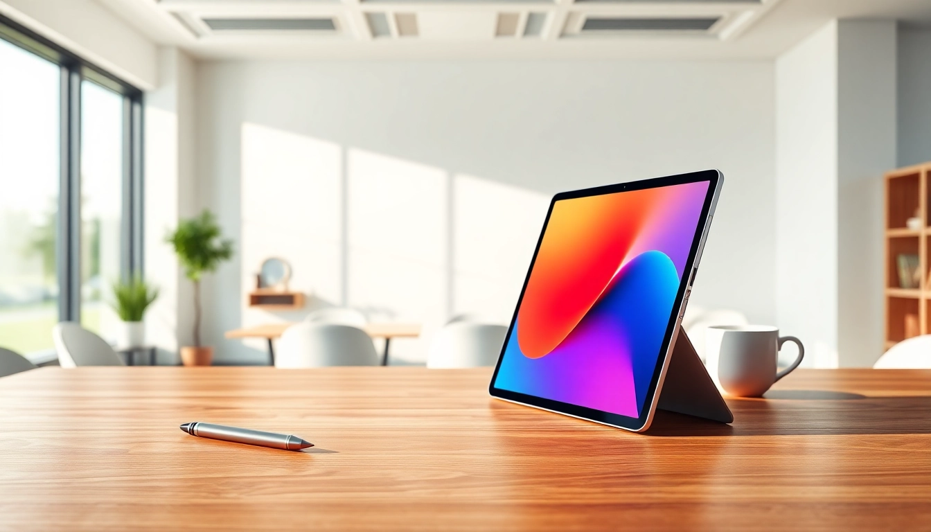 Buy iPad Pro displayed in a modern workspace, showcasing its sleek design and vibrant features.