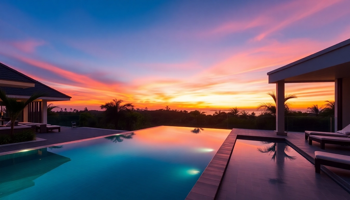 Phuket real estate agent showcasing a luxurious pool villa with stunning sunset views.