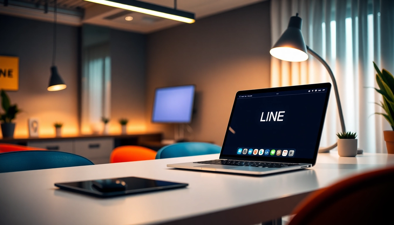 Download the line電腦版下載 on a sleek laptop with a vibrant interface displayed.