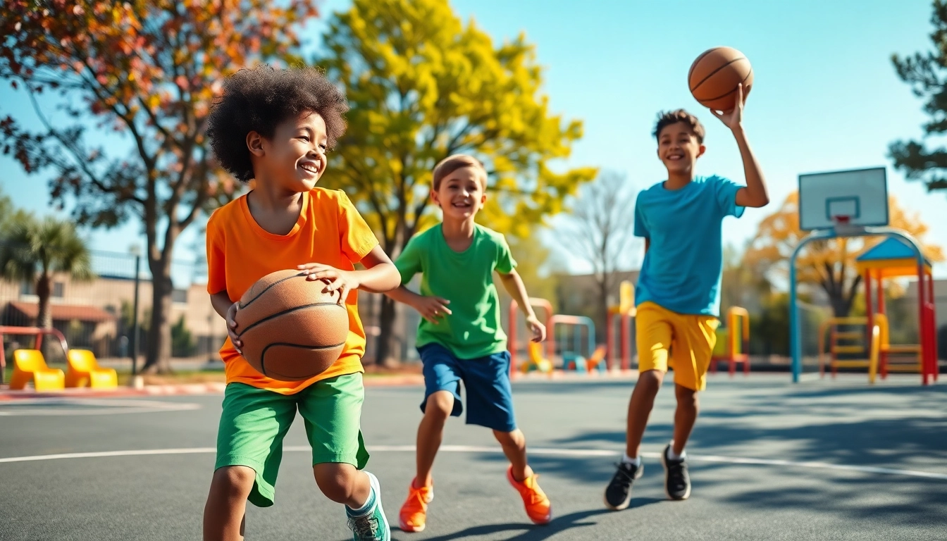Young basketball enthusiasts playing passionately on a sunny court, showcasing teamwork and excitement.