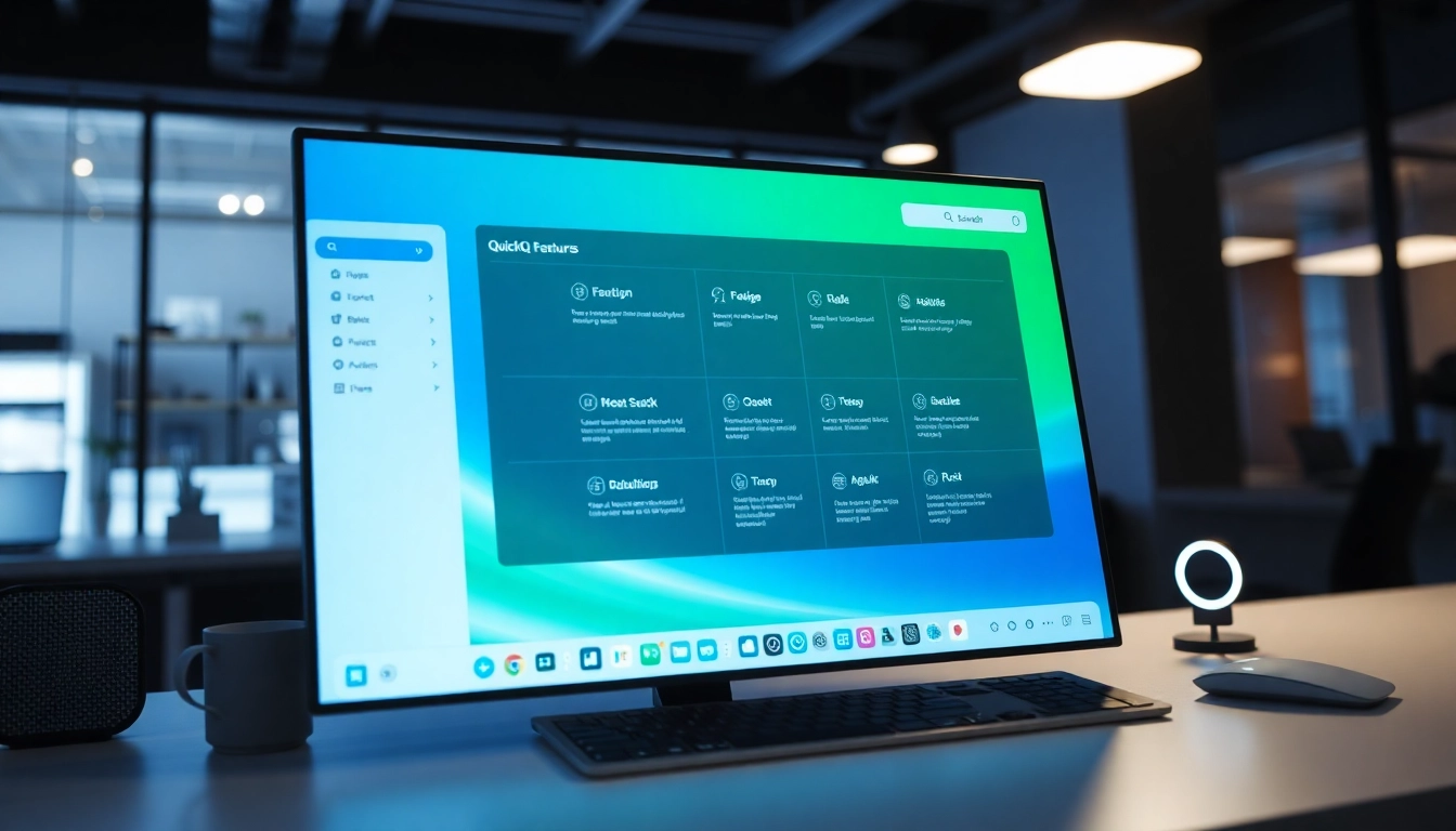 Explore the engaging features of quickq官网 with a modern desktop interface showcasing its functionalities.