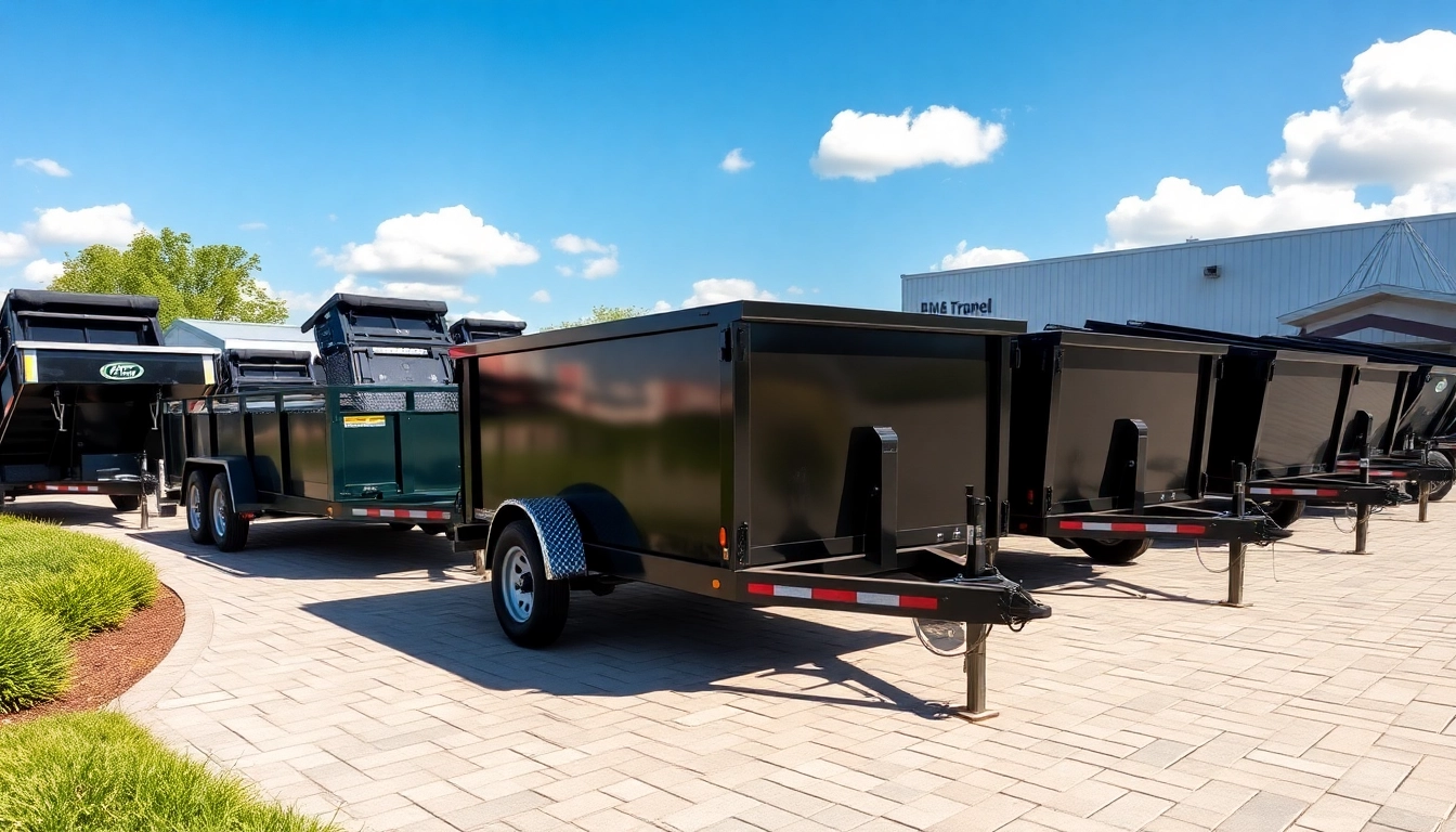 Explore high-quality dumpster trailers for sale showcasing durability and design at a sunny dealership.