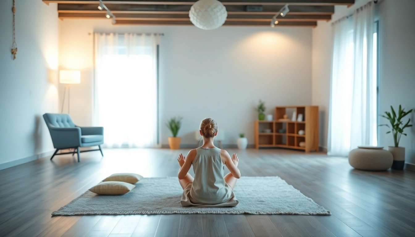 Illustration of a tranquil therapy space focused on healing trauma, featuring a person practicing mindfulness.