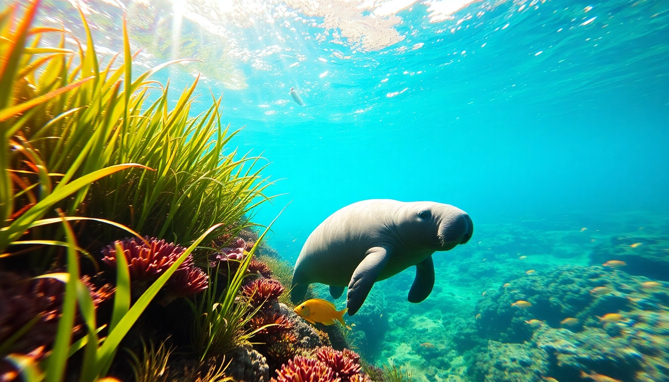 Manatees puerto rico swimming amidst vibrant underwater flora and fauna in serene waters.