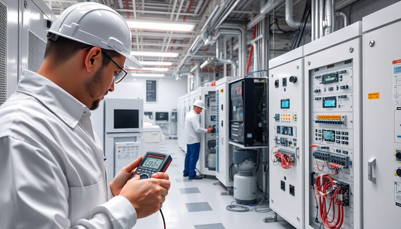 Technician conducting electrical testing with precision in a high-tech environment.