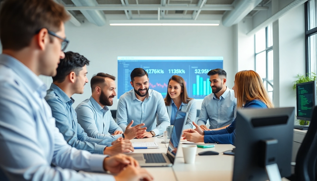 Site reliability engineering experts collaborating in a modern office with technology displays.