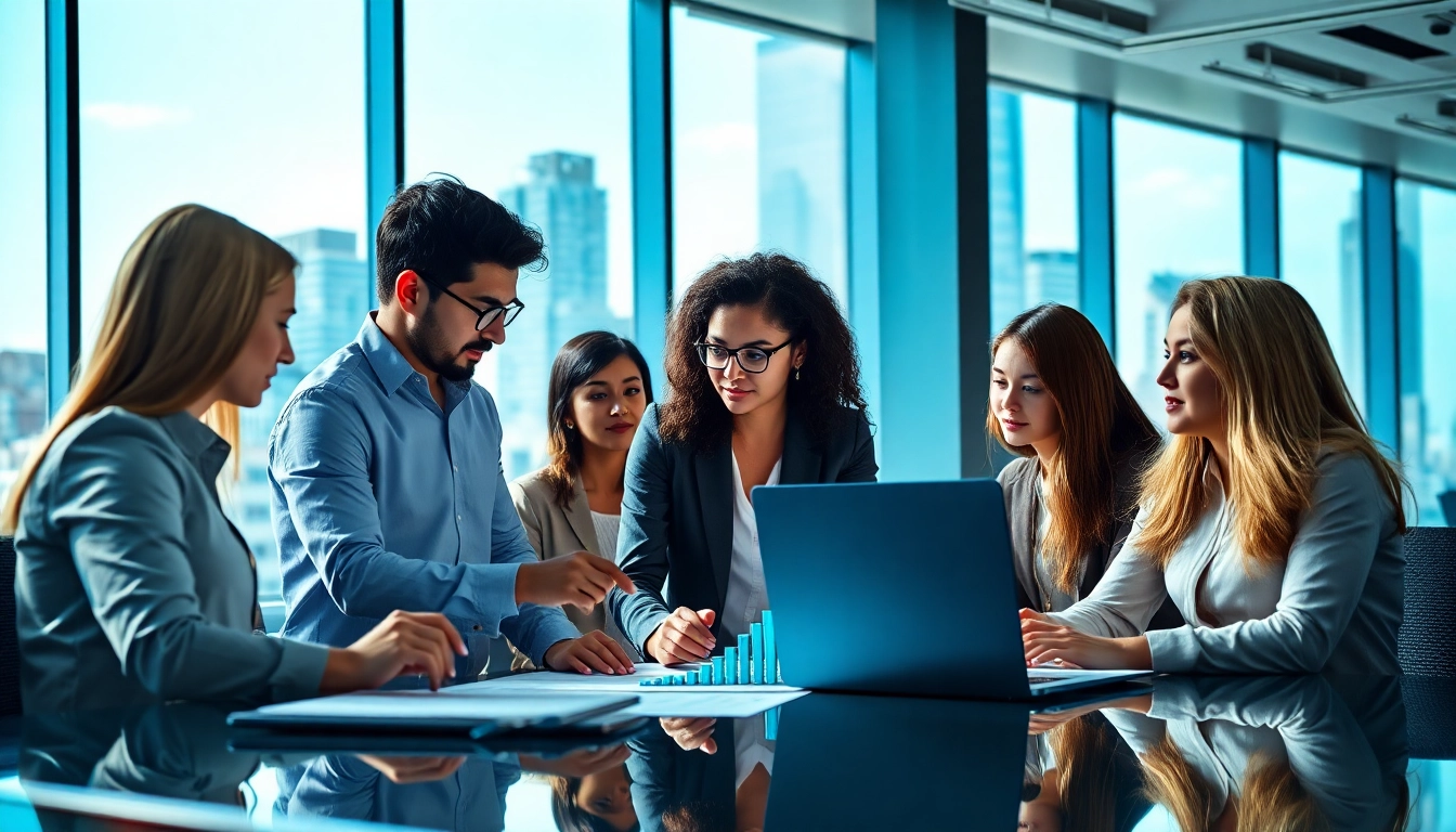 Engaging professionals visualizing competitive intelligence strategies in a collaborative office setting.