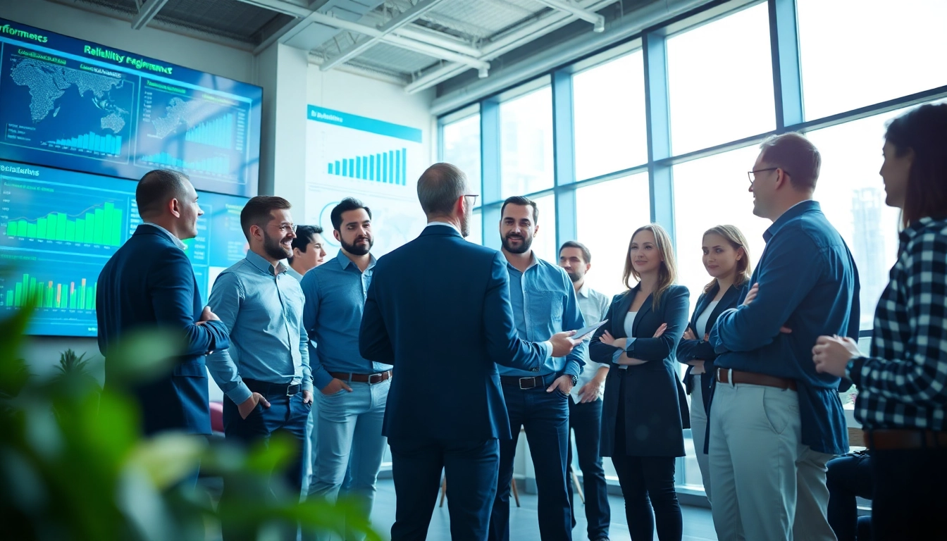 Site reliability engineering experts collaborating in a modern office environment showcasing digital performance metrics.