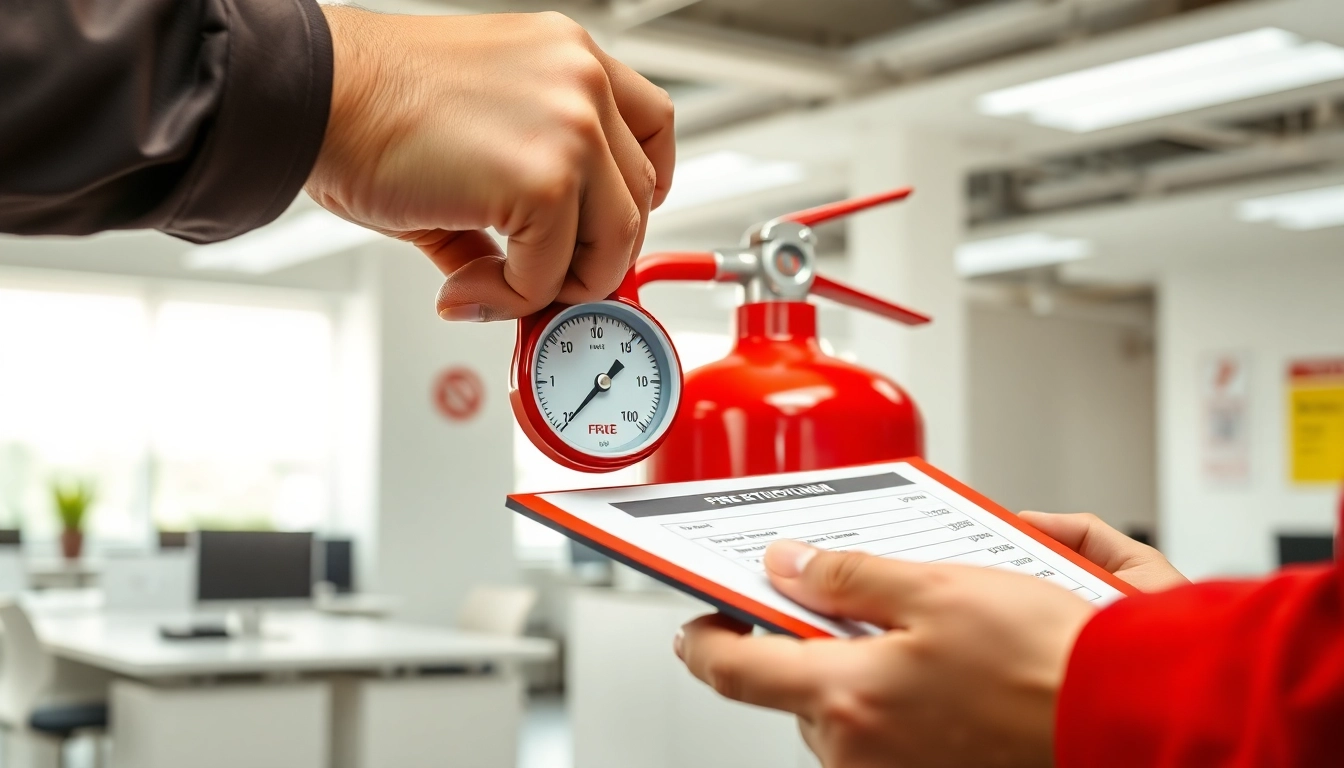 Conducting fire extinguisher checks with a technician inspecting pressure gauges in an office environment.