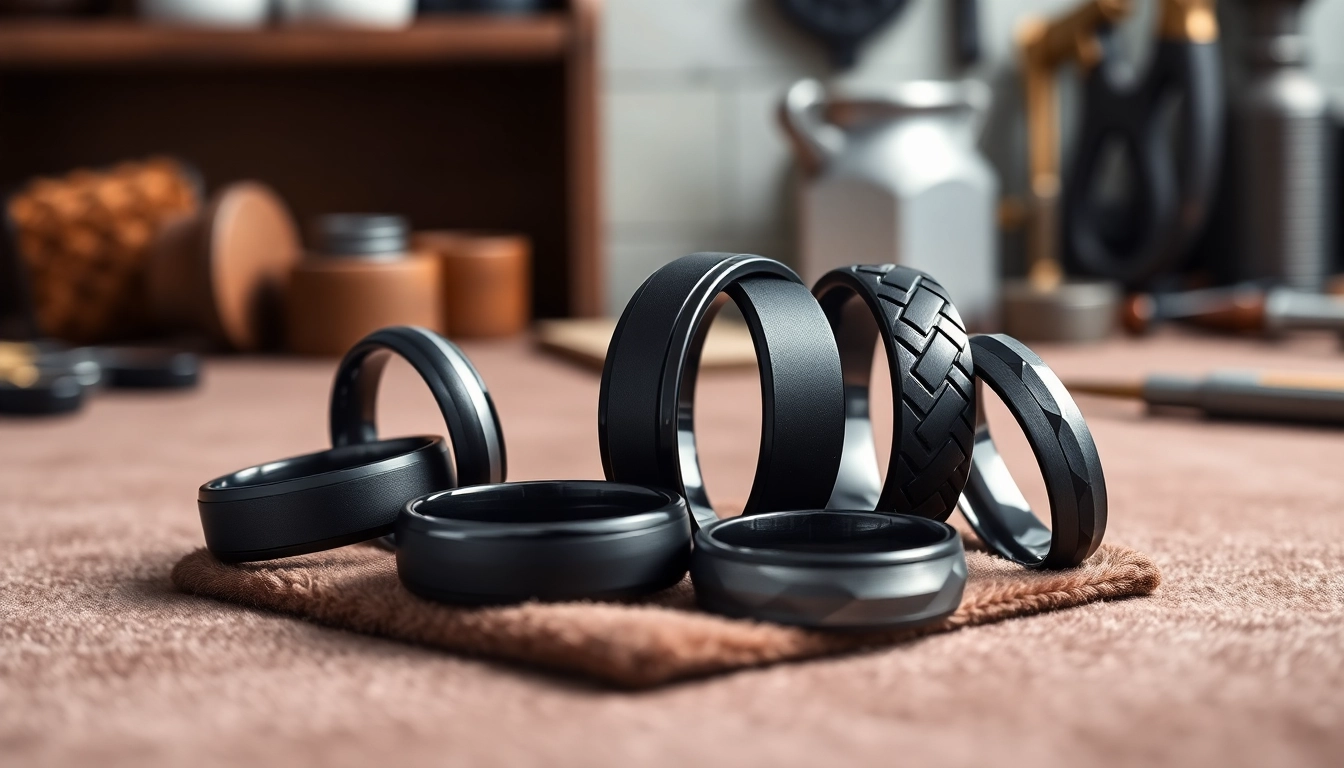 Showcase men's black wedding bands featuring unique designs on a luxurious backdrop