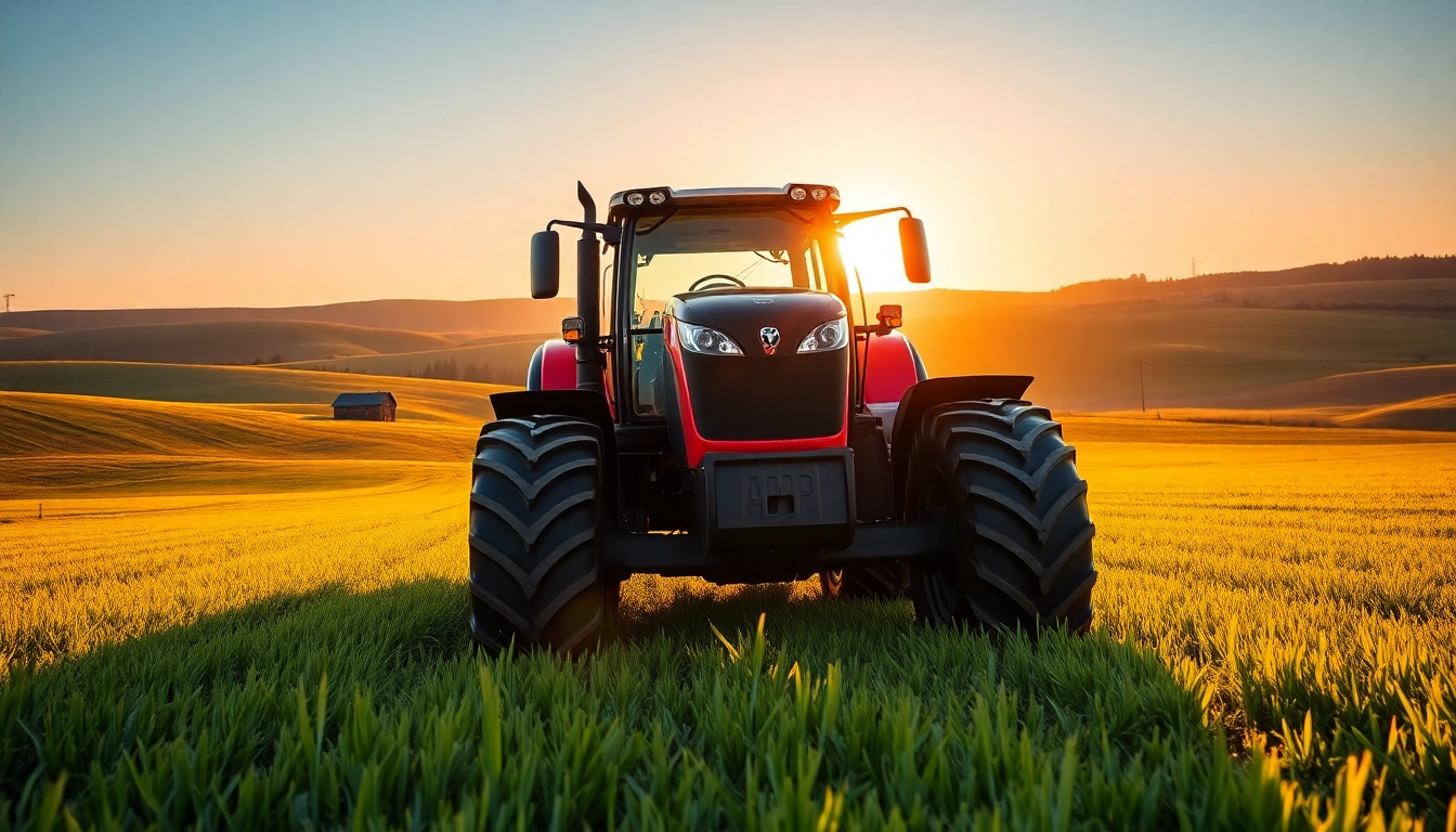 Massey Ferguson tractor working in an expansive field under a sunny sky.