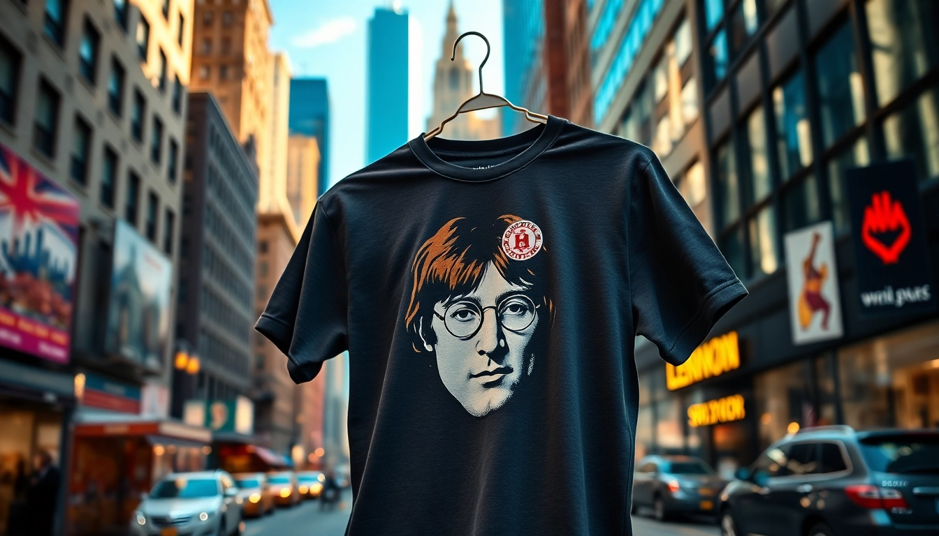 Showcasing a stylish John Lennon t shirt in a vibrant urban setting.