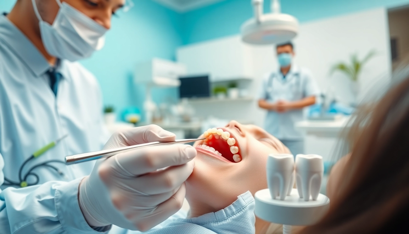Dental bridges being examined in a professional dental clinic environment.
