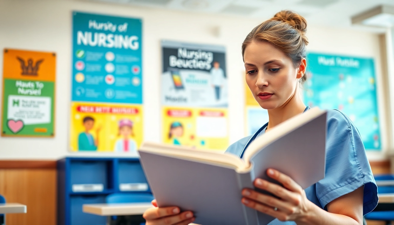 Focused nurse studying for rn ceus in a bright classroom with modern tools.