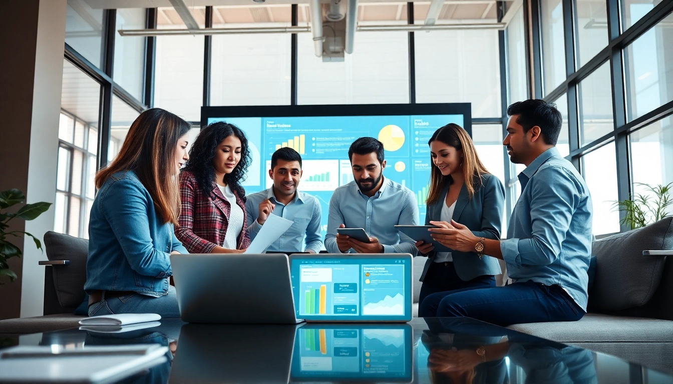 Collaborative professionals using an AI content marketing platform in a modern office setting.
