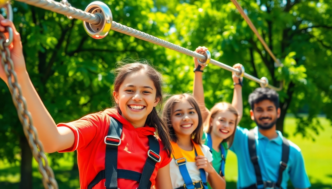 Family enjoying a GARDEN ZIP WIRE KIT in a vibrant outdoor park setting.
