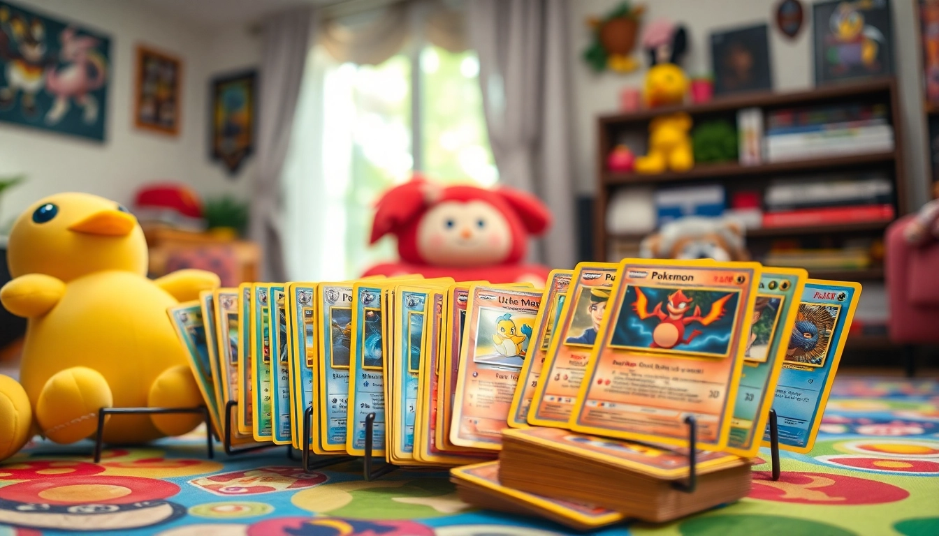 An attractive display of Pokemon cards in India, featuring graded cards and collectibles on a vibrant background.