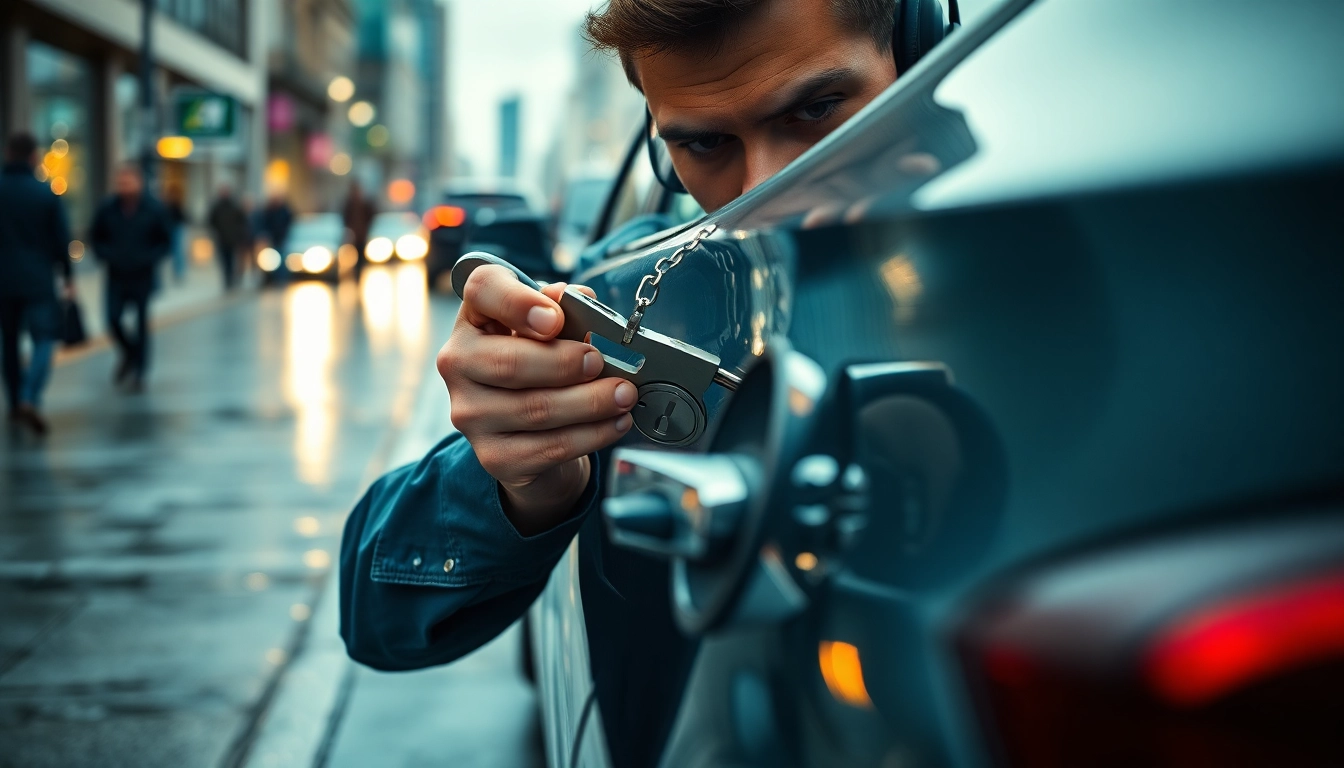Locksmith unlocking Keys Locked in Car with precision tools in a city